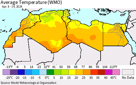 North Africa Average Temperature (WMO) Thematic Map For 4/8/2024 - 4/14/2024
