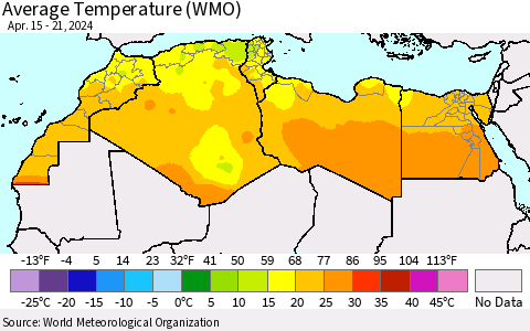 North Africa Average Temperature (WMO) Thematic Map For 4/15/2024 - 4/21/2024