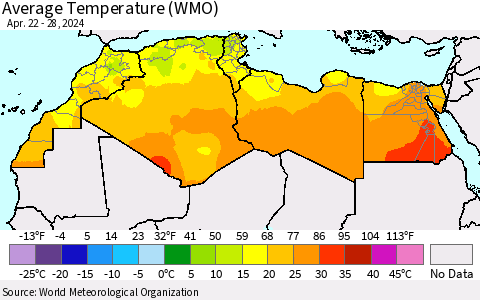 North Africa Average Temperature (WMO) Thematic Map For 4/22/2024 - 4/28/2024