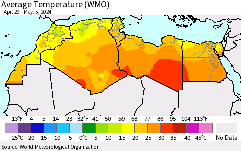 North Africa Average Temperature (WMO) Thematic Map For 4/29/2024 - 5/5/2024