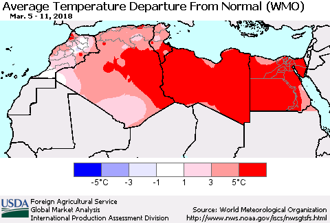North Africa Average Temperature Departure from Normal (WMO) Thematic Map For 3/5/2018 - 3/11/2018