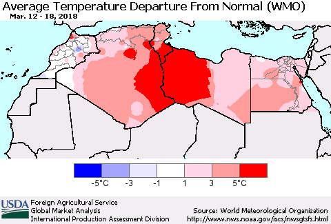 North Africa Average Temperature Departure from Normal (WMO) Thematic Map For 3/12/2018 - 3/18/2018