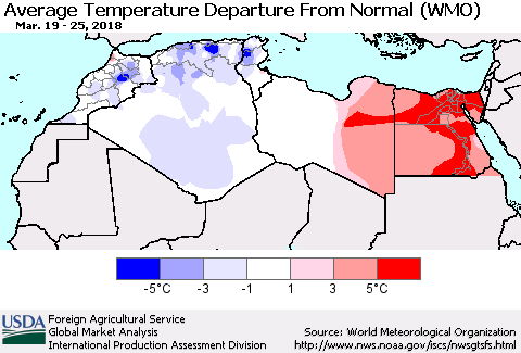 North Africa Average Temperature Departure from Normal (WMO) Thematic Map For 3/19/2018 - 3/25/2018