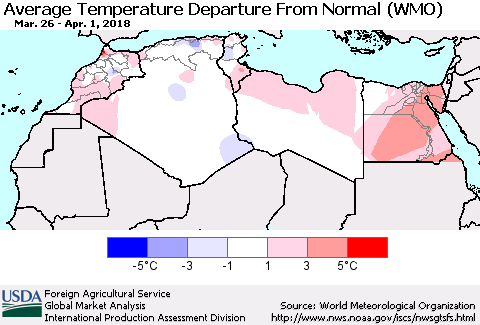 North Africa Average Temperature Departure from Normal (WMO) Thematic Map For 3/26/2018 - 4/1/2018