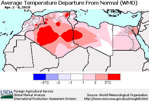 North Africa Average Temperature Departure from Normal (WMO) Thematic Map For 4/2/2018 - 4/8/2018