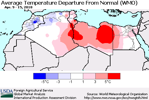 North Africa Average Temperature Departure from Normal (WMO) Thematic Map For 4/9/2018 - 4/15/2018