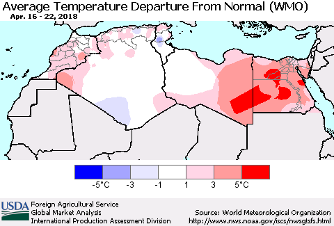 North Africa Average Temperature Departure from Normal (WMO) Thematic Map For 4/16/2018 - 4/22/2018