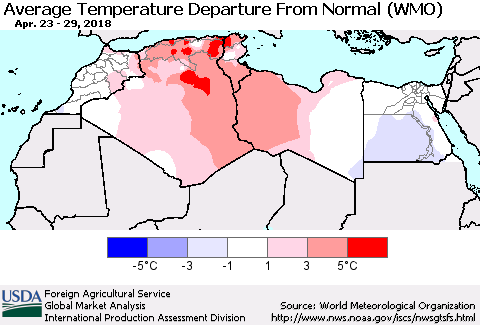 North Africa Average Temperature Departure from Normal (WMO) Thematic Map For 4/23/2018 - 4/29/2018