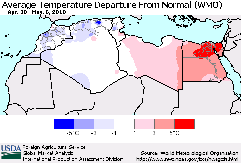 North Africa Average Temperature Departure from Normal (WMO) Thematic Map For 4/30/2018 - 5/6/2018