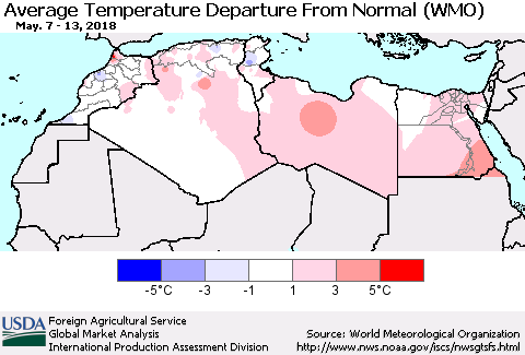 North Africa Average Temperature Departure from Normal (WMO) Thematic Map For 5/7/2018 - 5/13/2018