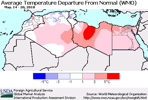 North Africa Average Temperature Departure from Normal (WMO) Thematic Map For 5/14/2018 - 5/20/2018