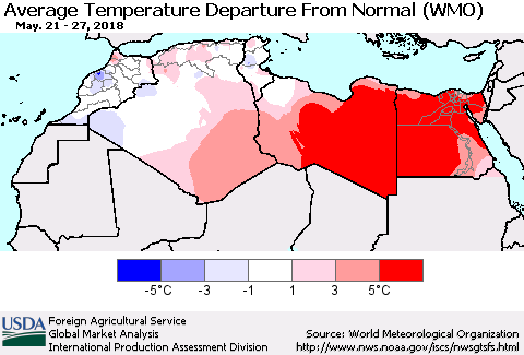 North Africa Average Temperature Departure from Normal (WMO) Thematic Map For 5/21/2018 - 5/27/2018