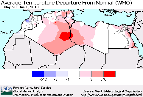 North Africa Average Temperature Departure from Normal (WMO) Thematic Map For 5/28/2018 - 6/3/2018