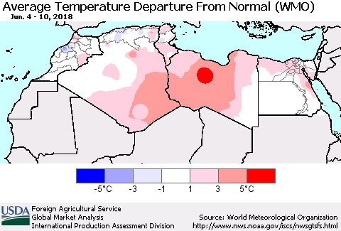 North Africa Average Temperature Departure from Normal (WMO) Thematic Map For 6/4/2018 - 6/10/2018