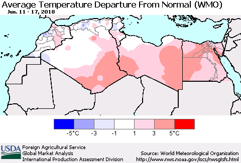 North Africa Average Temperature Departure from Normal (WMO) Thematic Map For 6/11/2018 - 6/17/2018