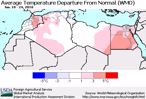 North Africa Average Temperature Departure from Normal (WMO) Thematic Map For 6/18/2018 - 6/24/2018