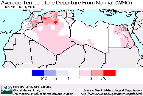 North Africa Average Temperature Departure from Normal (WMO) Thematic Map For 6/25/2018 - 7/1/2018