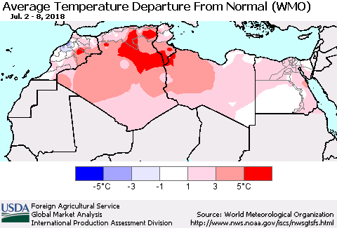 North Africa Average Temperature Departure from Normal (WMO) Thematic Map For 7/2/2018 - 7/8/2018