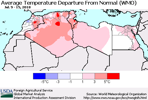 North Africa Average Temperature Departure from Normal (WMO) Thematic Map For 7/9/2018 - 7/15/2018