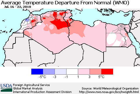 North Africa Average Temperature Departure from Normal (WMO) Thematic Map For 7/16/2018 - 7/22/2018