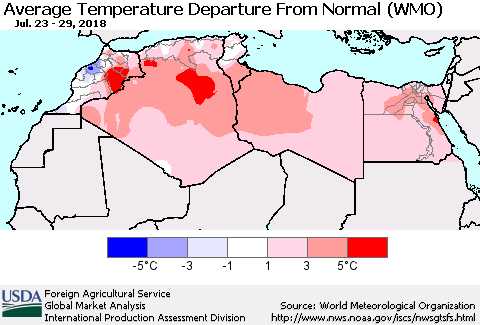 North Africa Average Temperature Departure from Normal (WMO) Thematic Map For 7/23/2018 - 7/29/2018