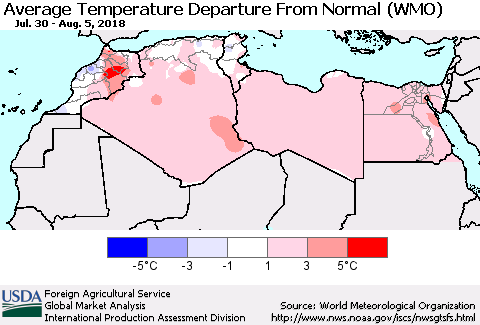 North Africa Average Temperature Departure from Normal (WMO) Thematic Map For 7/30/2018 - 8/5/2018