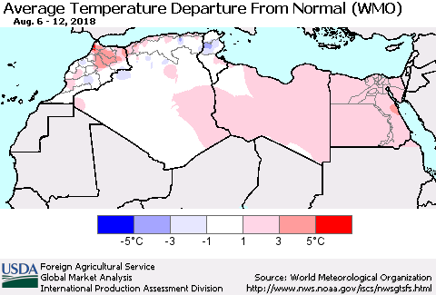 North Africa Average Temperature Departure from Normal (WMO) Thematic Map For 8/6/2018 - 8/12/2018