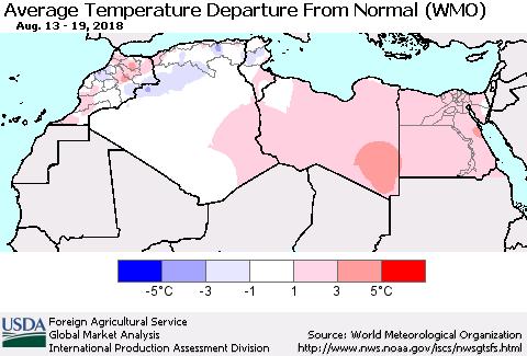 North Africa Average Temperature Departure from Normal (WMO) Thematic Map For 8/13/2018 - 8/19/2018