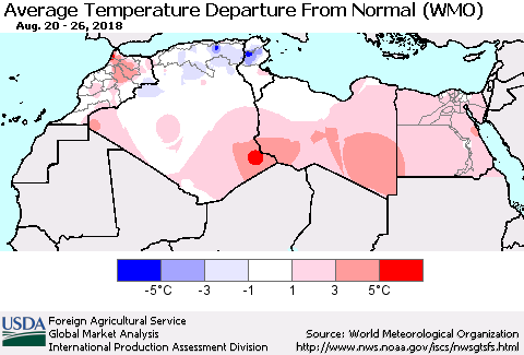 North Africa Average Temperature Departure from Normal (WMO) Thematic Map For 8/20/2018 - 8/26/2018