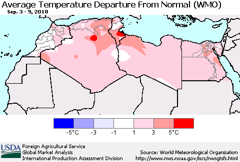 North Africa Average Temperature Departure from Normal (WMO) Thematic Map For 9/3/2018 - 9/9/2018