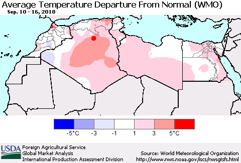 North Africa Average Temperature Departure from Normal (WMO) Thematic Map For 9/10/2018 - 9/16/2018