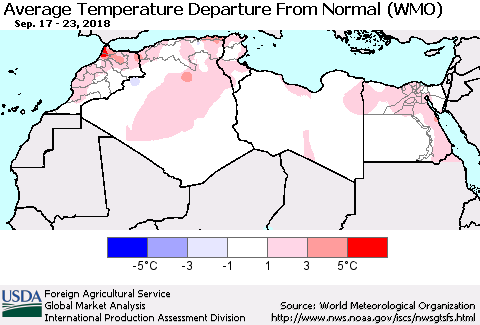 North Africa Average Temperature Departure from Normal (WMO) Thematic Map For 9/17/2018 - 9/23/2018