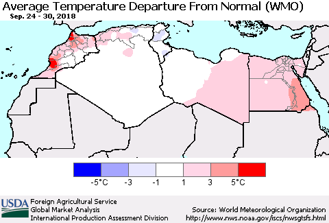 North Africa Average Temperature Departure from Normal (WMO) Thematic Map For 9/24/2018 - 9/30/2018