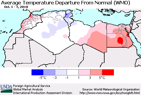 North Africa Average Temperature Departure from Normal (WMO) Thematic Map For 10/1/2018 - 10/7/2018