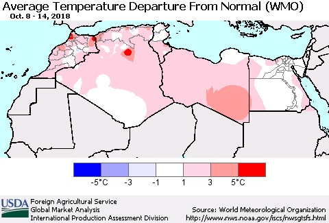 North Africa Average Temperature Departure from Normal (WMO) Thematic Map For 10/8/2018 - 10/14/2018