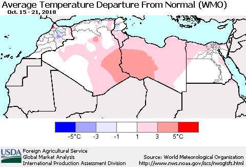 North Africa Average Temperature Departure from Normal (WMO) Thematic Map For 10/15/2018 - 10/21/2018