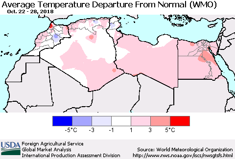 North Africa Average Temperature Departure from Normal (WMO) Thematic Map For 10/22/2018 - 10/28/2018