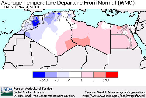 North Africa Average Temperature Departure from Normal (WMO) Thematic Map For 10/29/2018 - 11/4/2018
