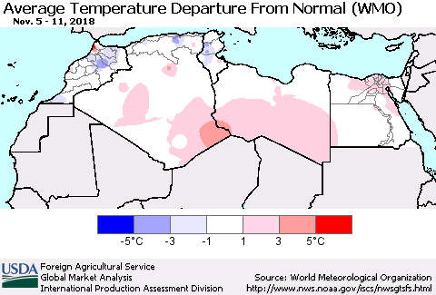 North Africa Average Temperature Departure from Normal (WMO) Thematic Map For 11/5/2018 - 11/11/2018
