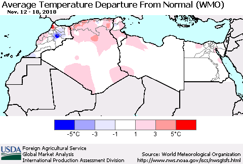 North Africa Average Temperature Departure from Normal (WMO) Thematic Map For 11/12/2018 - 11/18/2018
