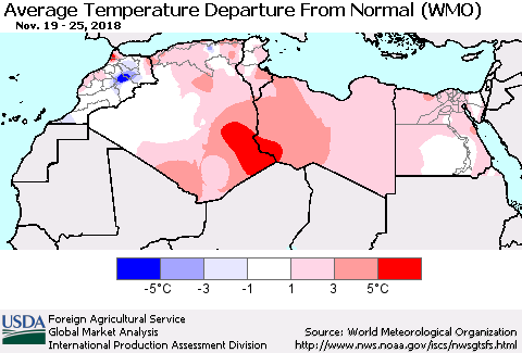 North Africa Average Temperature Departure from Normal (WMO) Thematic Map For 11/19/2018 - 11/25/2018
