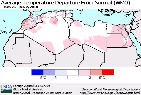 North Africa Average Temperature Departure from Normal (WMO) Thematic Map For 11/26/2018 - 12/2/2018
