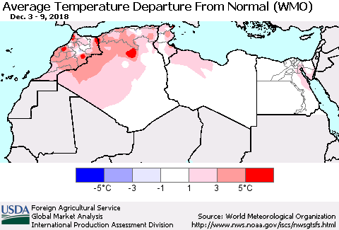 North Africa Average Temperature Departure from Normal (WMO) Thematic Map For 12/3/2018 - 12/9/2018