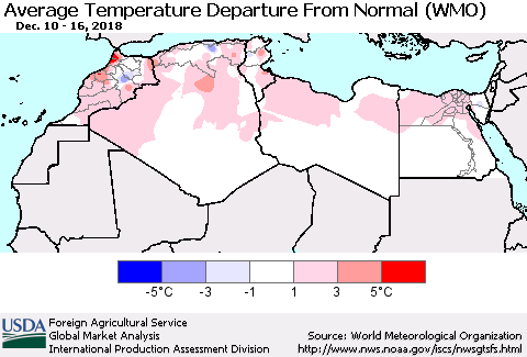 North Africa Average Temperature Departure from Normal (WMO) Thematic Map For 12/10/2018 - 12/16/2018