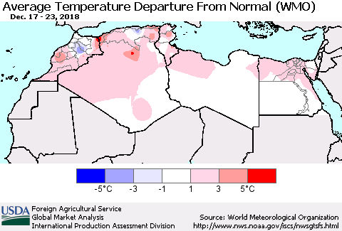 North Africa Average Temperature Departure from Normal (WMO) Thematic Map For 12/17/2018 - 12/23/2018