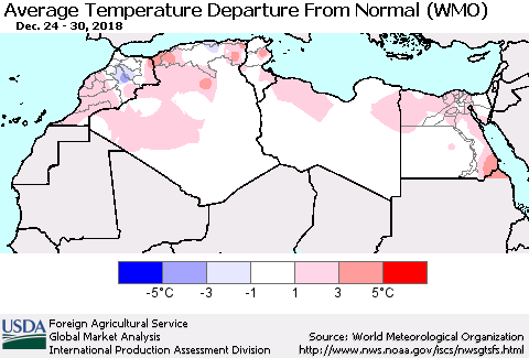 North Africa Average Temperature Departure from Normal (WMO) Thematic Map For 12/24/2018 - 12/30/2018