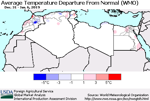 North Africa Average Temperature Departure from Normal (WMO) Thematic Map For 12/31/2018 - 1/6/2019