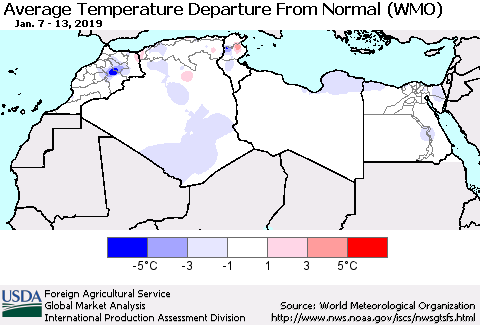 North Africa Average Temperature Departure from Normal (WMO) Thematic Map For 1/7/2019 - 1/13/2019