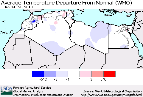 North Africa Average Temperature Departure from Normal (WMO) Thematic Map For 1/14/2019 - 1/20/2019