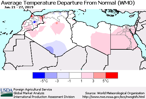North Africa Average Temperature Departure from Normal (WMO) Thematic Map For 1/21/2019 - 1/27/2019